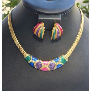 Vintage Gold-Tone Enamel Necklace & Clip-On Earrings Set '80 Era Like New 18"